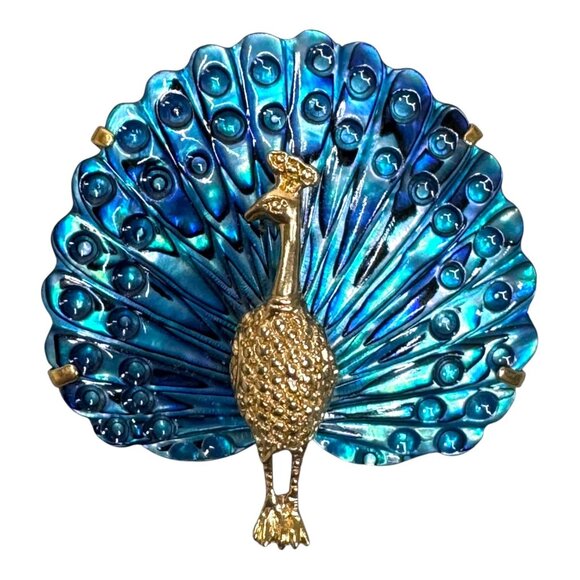 Vintage Peacock Brooch Pin Blue & Gold Tone Enamel Abalone Shell Finish MOP - Picture 1 of 4